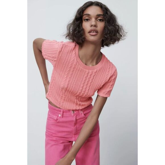 ✨Zara Pink Jacquard Crop Pink Sz Small Top✨ - Picture 1 of 10